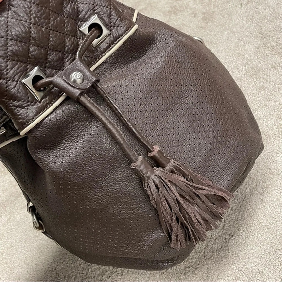 Francesco Biasia Brown 100% Calf Leather Perforated Fringe Bucket Bag Hobo - Picture 7 of 15